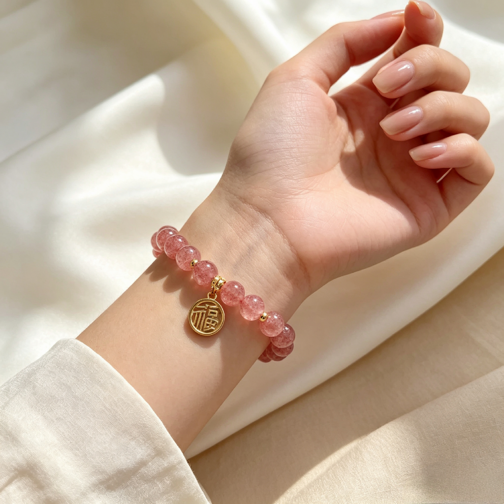 Strawberry Quartz Bracelet with Fortune Charm