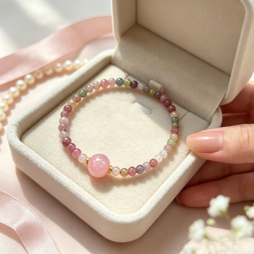 Thin Mixed Gemstone Bracelet with Rose Quartz Accent